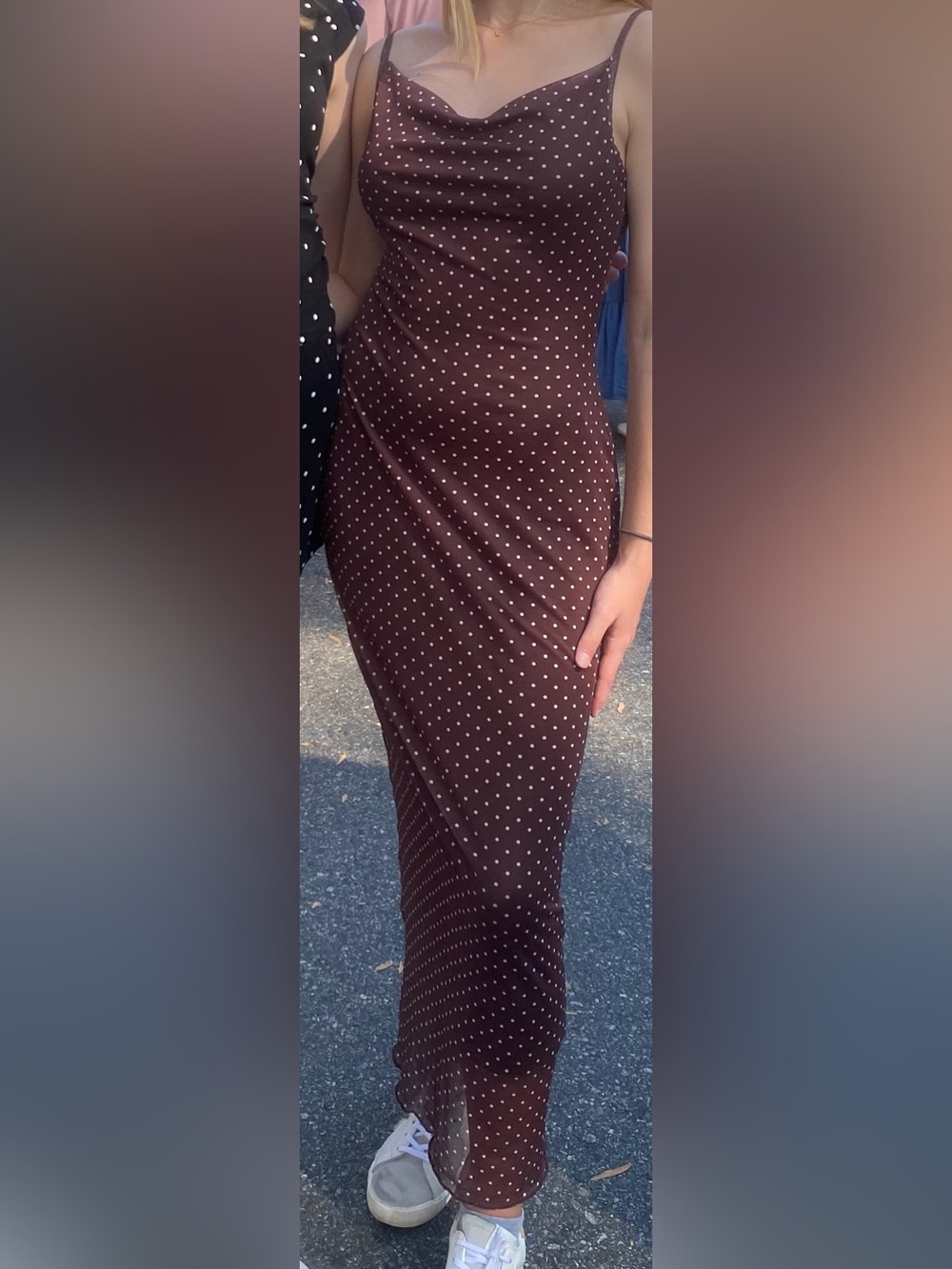 See You Monday Brown Polka Dot Cowl Neck Maxi Dress